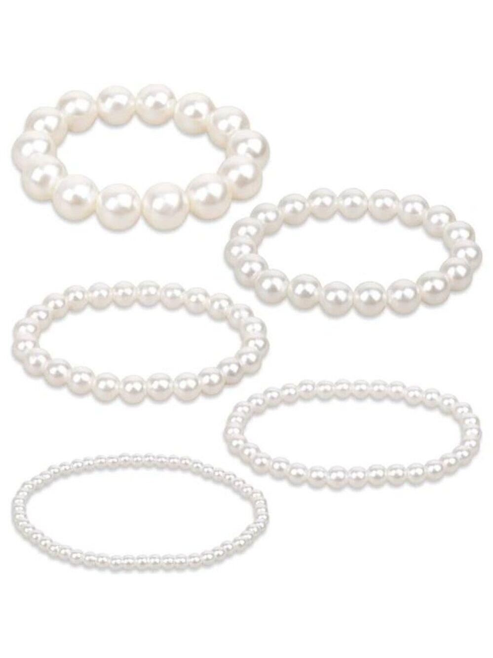 White Pearl Bracelets for Women Set of 5 Stretch Stackable Bridal Wedding Jewelr